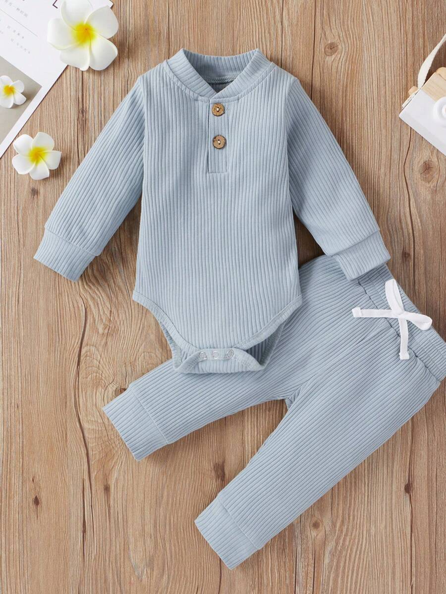 2 Pieces Baby Suit Set, Solid Color Round Neck Long Sleeve Romper And Trousers For Girls Boys - Blue - View 1
