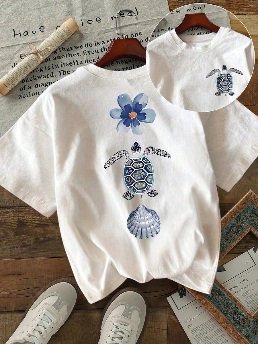 T-shirt décontracté à manches courtes, col rond, imprimé floral et tortue, grande taille - Blanc - Voir 1