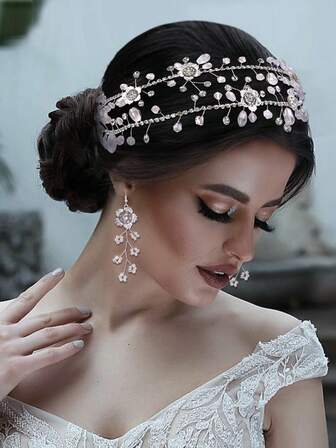 1pc Double-Layer Alloy Flower & Faux Crystal Headband, Wedding Bridal Hair Accessory, Party/Event/Birthday Decoration