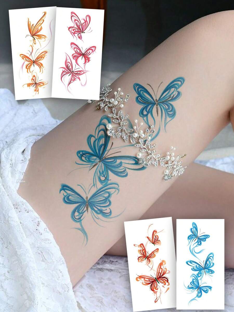4 Sheets Body Art Temporary Tattoos For Women,Colorful, Romantic, And Elegant Butterfly Designs.Waterproof Fake Tattoos,Lasting 2-5 Days,Can Be Used On The The Arms, Neck, Shoulders, Chest, Waist, And Legs. Perfect For Festivals, Parties, Weddings, Gifts, And Music Festivals. - Multicolor - View 1