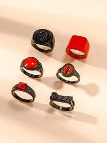 6pcs/Set Retro Hip Hop Style Personalized Skull Head Zinc Alloy Men's Ring, Suitable For Daily And Festival Wear