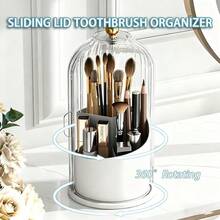 Makeup Brush Holder With 360 Degree Rotating Transparent Dust-Proof Cover, Suitable For Dressing Area Bathroom Countertops, Dressing Table Storage Boxes, 3 Slots Of Different Heights, Very Suitable For Bathrooms, Makeup And Travel. - 綠色 - 查看 5