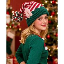 Gorro de punto de elfo de Navidad con oreja para adultos, gorro de Navidad a rayas, sombrero de de Ao Nuevo de Halloween - inicial - Ver 7