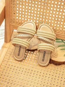 2026 Girls' Woven Chain & Beaded Decor Slides, Glossy Material, Non-Slip, Open Toe, Flat, Luxurious, Ladylike Style Children's Slippers, Suitable For Summer Outings, Elegant Attire, Holidays And Family Gatherings