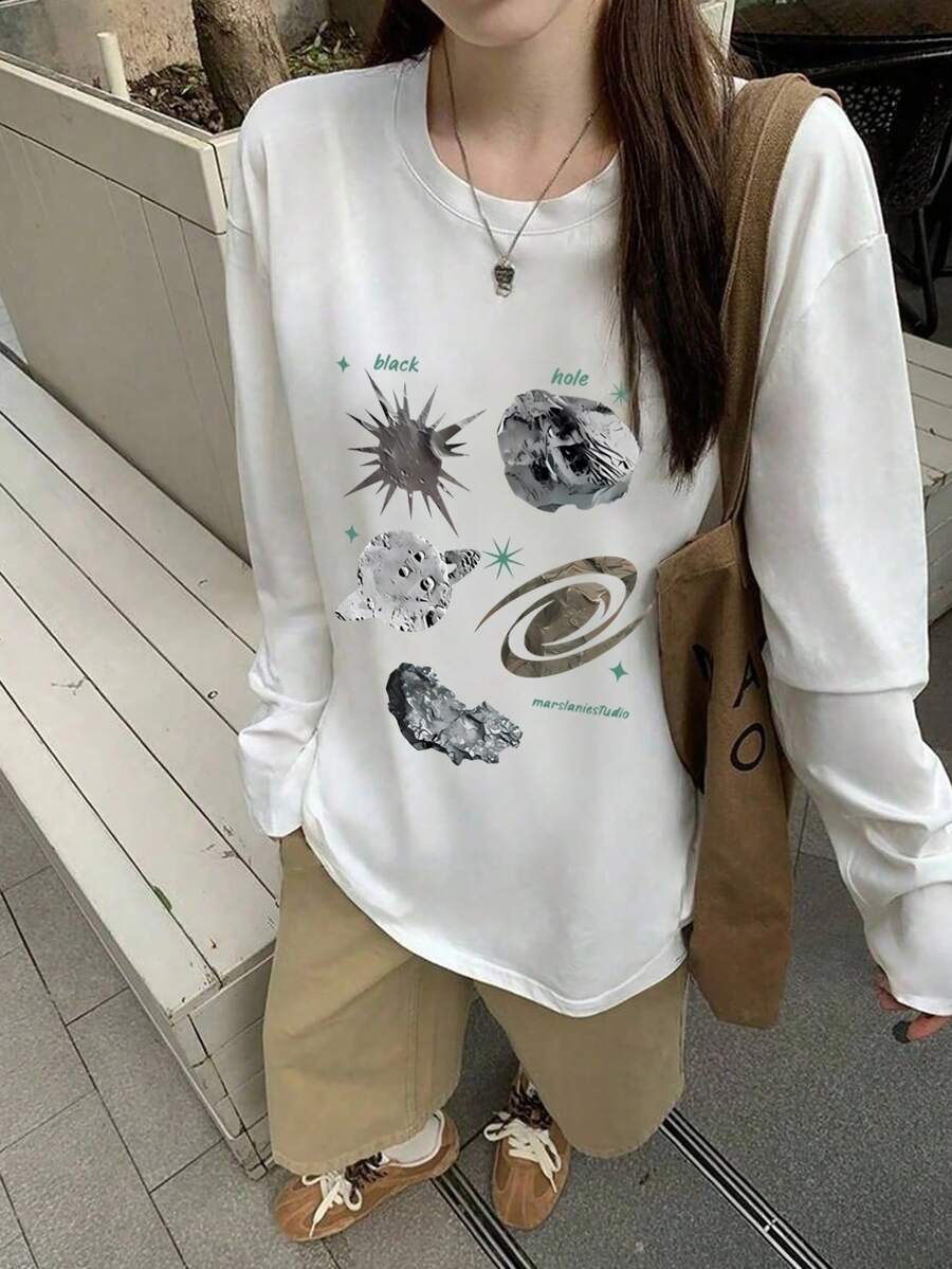 女士宽松休闲卡通星空印花长袖T恤，春秋季白色 - 白色 - 查看 1