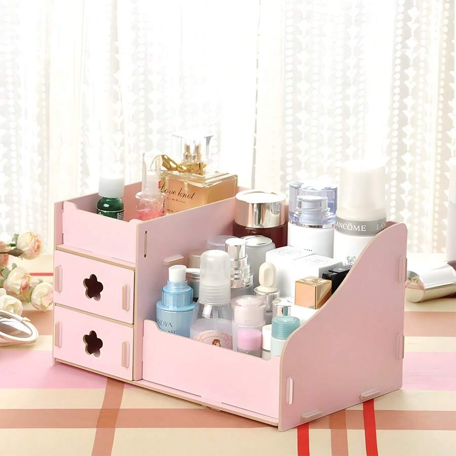 Caja organizadora de cosméticos para escritorio, organizadora de tocador con cajones para joyas y productos de cuidado de la piel, caja de almacenamiento de madera ensamblada para maquillaje - Rosa - Ver 1