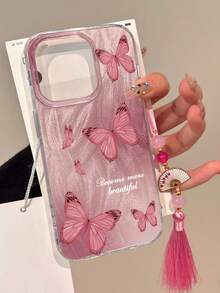 粉色蝴蝶半透明彩绘，带有中国风吊坠，优雅的全新设计羽毛柔软硅胶手机壳适用于 15、15 Pro Max、13、14、11、12、XS、XR、7/8、P、78、GES2、A14、A15、S23、A50、A12、A32、A52、A72、A51、A21、A13、A14、S22 Ultra、S23、A33、A53、S20 FE、13、15、S25 防摔保护套防水防震防刮 - 彩色 - 查看 2