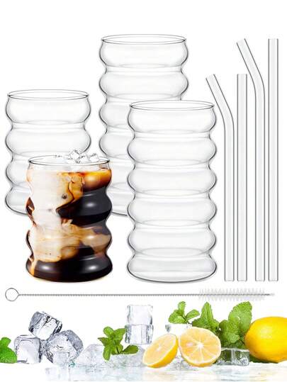 1个/4个 300毫升/10.5盎司创意玻璃杯 复古饮用玻璃杯 罗纹玻璃器皿，美观冰咖啡杯带吸管套装，吸管杯，早餐玻璃杯