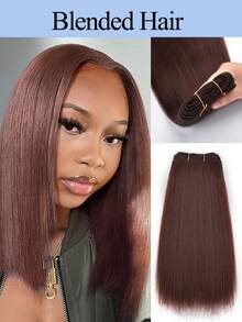 10英寸深棕色Yaki直发缝合式发束，真人发，蓬松直发，混合发，双层编织，自然棕色接发，3束装，适合女性日常使用 - S33 - 查看 1