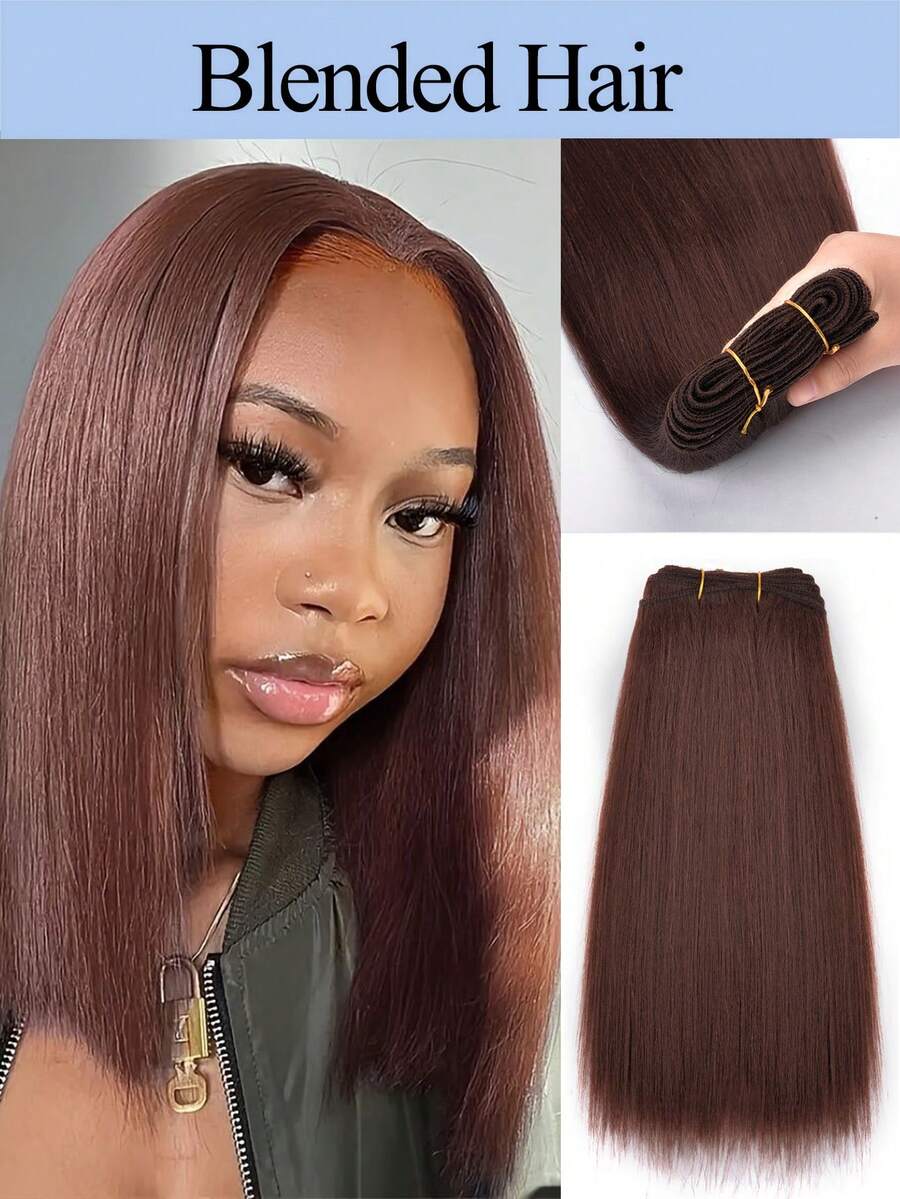 10英寸深棕色Yaki直发缝合式发束，真人发，蓬松直发，混合发，双层编织，自然棕色接发，3束装，适合女性日常使用 - S33 - 查看 1