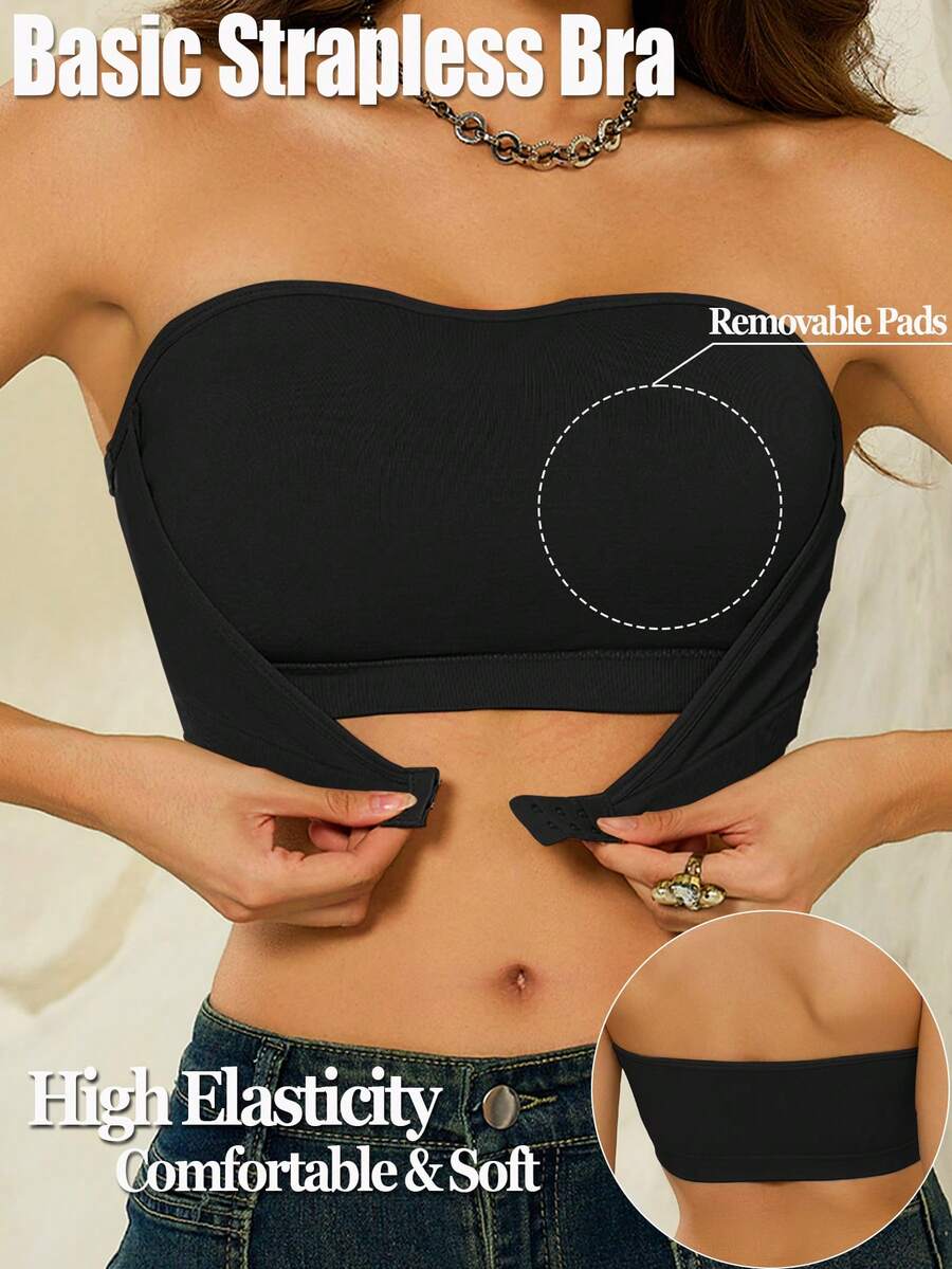 Women's Strapless Bra, Button Front Closure, Removable Pads, Seamless Wireless Bralette, Racerback, Comfortable Casual Camisole Bra, Basic Style - Black - View 1