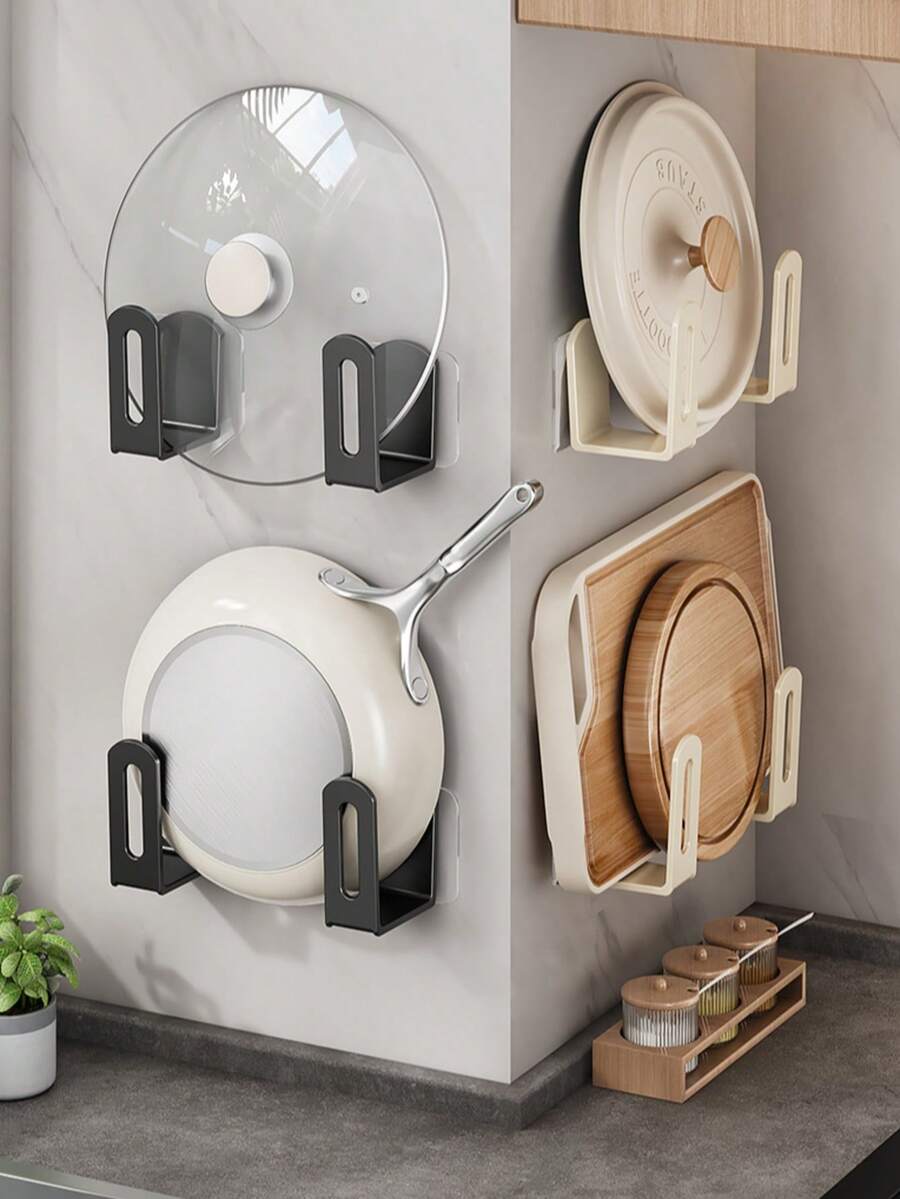 2pcs No Drill Pot Lid Rack, Wall Mounted Hook, Multifunctional Kitchen Storage Rack, Cutting Board & Pot Lid Holder, Bathroom/Balcony Wall Mounted Storage Rack, No Drill Pot Lid Rack, Wall Mounted Pot Lid Rack, No Drilling Required, Multifunctional Kitchen Storage Rack