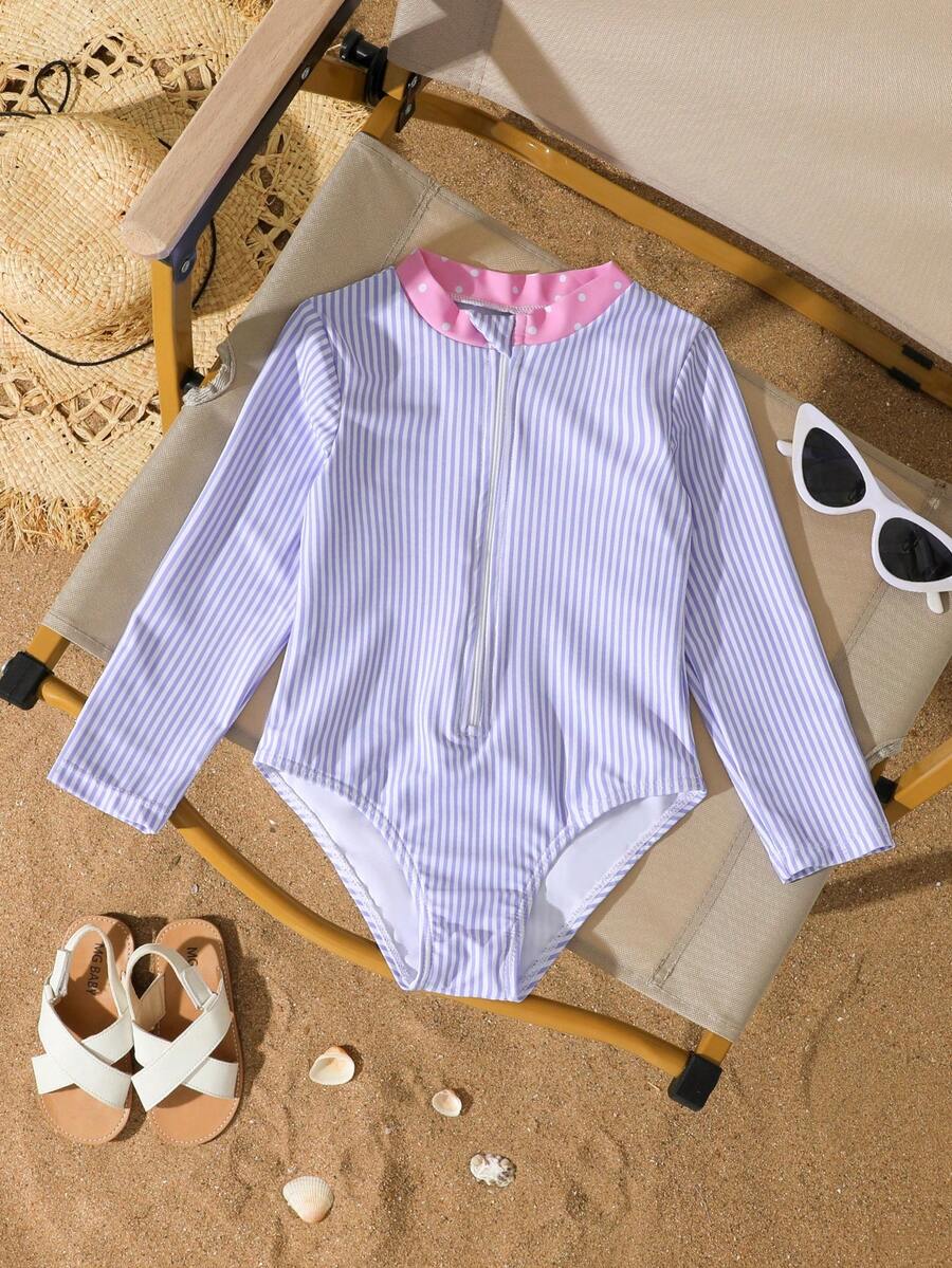 Traje de baño con protección UV de manga larga a rayas azules y blancas para niña - Multicolor - Ver 1