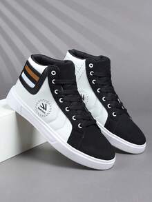 High Top Men's Sports Shoes, Men's Casual Shoes,Fashionable And Personalized Street Student Handsome Shoes, Lace Up Men's Shoes, Men's Board Shoes - Black and White - View 3