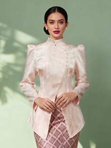 Kebaya Nyonya For Women - 1 Floral Print Stand-Up Collar Fabric Slit Top - Perfect For Holiday, Vacation, And Everyday Wear In Spring.