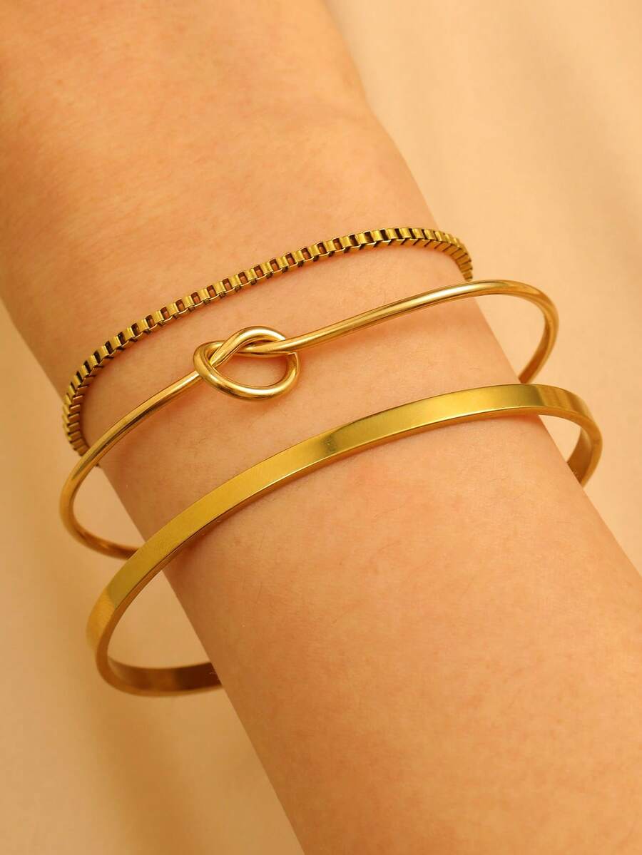 Bộ 3 vòng tay và lắc tay bằng thép không gỉ kiểu tối giản, thanh lịch, thời trang dành cho nữ, phụ kiện trang sức, lý tưởng cho đeo hàng ngày, ngày Valentine, kỳ nghỉ, lễ hội, quà tặng cho nữ, trang sức nữ, quà tặng bạn thân nữ, mùa hè, phong cách phương Tây. - Vàng - Xem 1