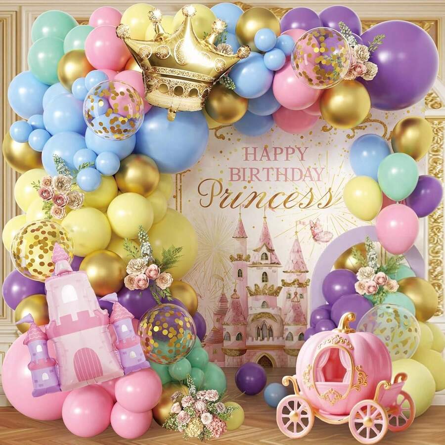 128 piezas Conjunto de arco de globos con tema de castillo de princesas de dibujos animados, incluye 1 castillo y corona de globos de lámina, globos de látex rosa, morado, amarillo, azul, dorado y multicolor. Perfecto para fiesta de cumpleaños, baby shower, 1er cumpleaños, decoración de propuesta y fiesta con tema de castillo de princesa - Multicolor - Ver 1
