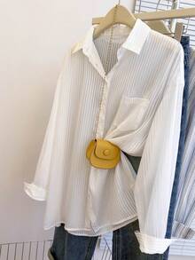 Women's Textured Sheer Striped Long Sleeve Casual Business Blouse, Autumn/Winter - White - View 8