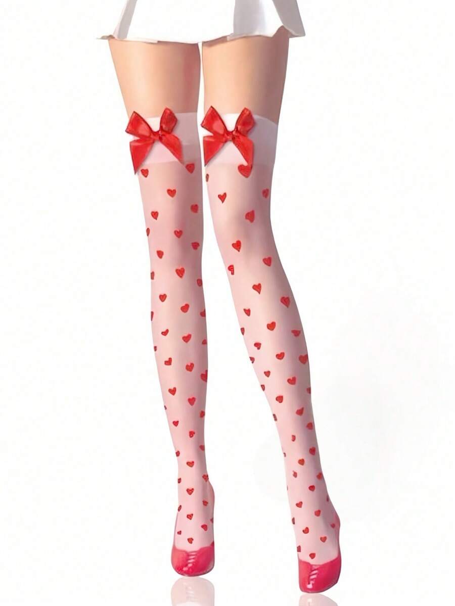 Cute Big Red Bow Heart Print Stockings, High Stockings - đen - Xem 1