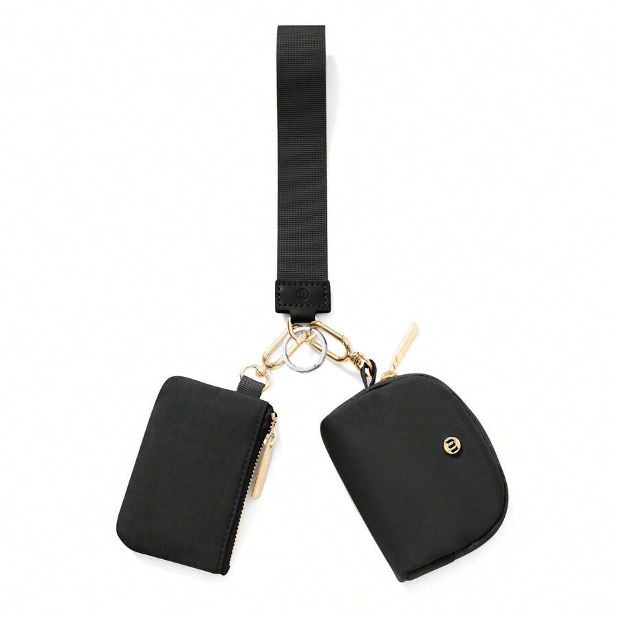 Dual Pouch Wristlet Mini Zip-Around Wallet For Women – Portable Coin Purse & Card Holder, Detachable Wrist Lanyard Keychain, Compact Mini Wallet For Travel, Daily Carry, Keys, Cards & Small Essentials, Perfect Christmas Stocking Stuffer Gift - 黑色 Glod - 查看 1