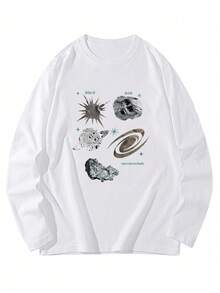 女士宽松休闲卡通星空印花长袖T恤，春秋季白色 - 白色 - 查看 3