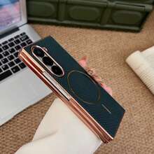 1pc Luxury Business Plaid PU Leather Coated Phone Case, Compatible With Samsung Galaxy Z Fold 7/6/5/4, Supports Wireless Charging, Full-Body Protective Cover - Navy Blue - View 6