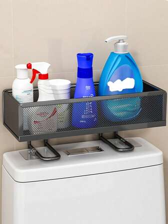 1pc Adjustable Metal Bathroom Organizer Rack - Space-Saving All-In-One Toiletry Storage Shelf With Hooks - No Electricity Needed
