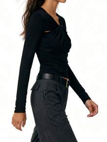 Women's Spring Summer Basic Tops Long Sleeve Solid Color Slim Fit Twist Knot Front Blouse - Black - View 4