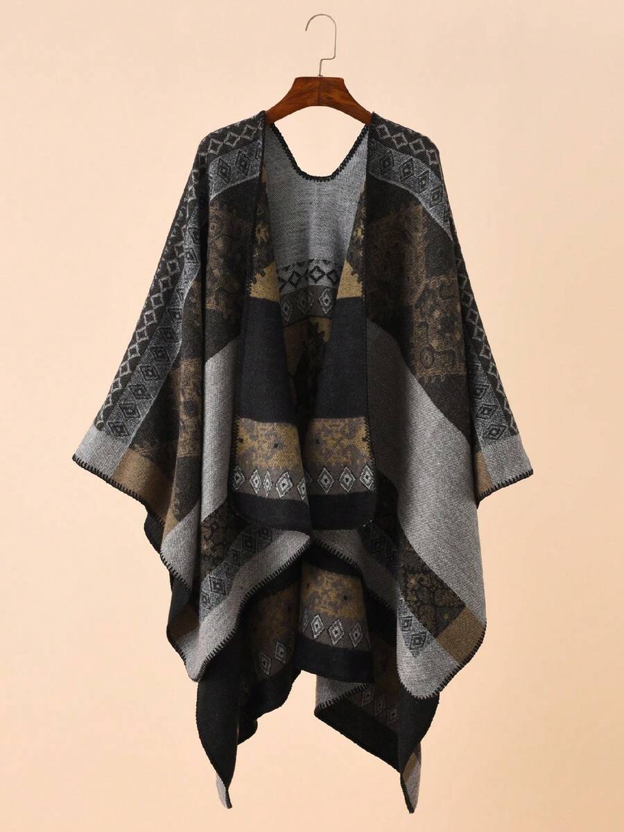 1件女士复古优雅几何格纹图案保暖仿羊绒大披肩围巾，适合秋冬季旅行和日常使用 - 黑色 - 查看 1