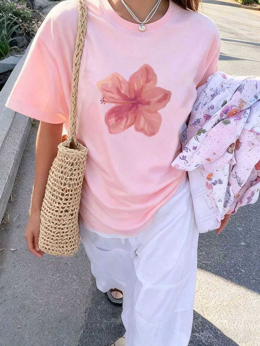 Áo thun nữ cỡ lớn mới, mềm mại, đa năng, kiểu dáng thường ngày, thời trang xuân/hè, cổ tròn, in họa tiết hoa, phù hợp mặc hàng ngày, đi chơi, dự tiệc, đi học, tham dự lễ hội âm nhạc, kỳ nghỉ, đi làm. Có thể dùng làm quà tặng cho gia đình, bạn trai, bạn gái, bạn bè, quần áo mùa hè màu hồng. - Hồng - Xem 1