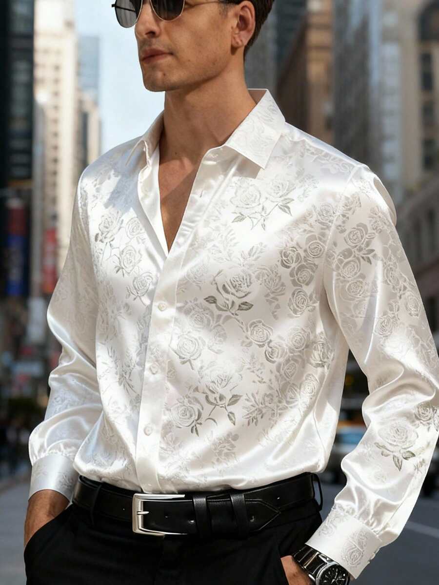Men's Exquisite Fashion Long Sleeve Casual Shirt With Rose Print,Satin Luster Shirt For Men,For Husband,For Fall - Rượu sâm banh - Xem 1