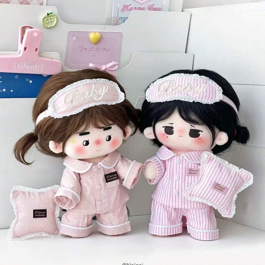 20cm/7.87" Plush Doll Pajama Set, Pink Striped & Polka Dot Loungewear Set With Eye Mask, Top, Pants, Mini Pillow 4pcs Replaceable Outfit, Gift For Women, Holiday/Birthday (Clothes Only, Doll Not Included) - Multicolor - View 1