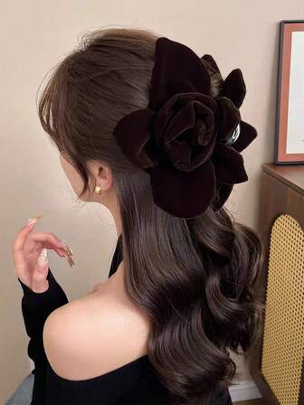 1pc Vintage Solid Velvet 3D Floral Hair Claw Clip, Elegant Large Shark Jaw Clip For Updo, Half Bun, Low Ponytail, Suitable For Street, Party, Afternoon Tea, Travel, Date, Banquet, Unique Charm Accessory, Ideal Gift For Valentine's Day, Easter, Thanksgiving, Birthday, Holidays