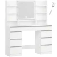HEXCELEN Large Dressing Table With LED Lighting, 3 Colors, Brightness Control, Dressing Table With Mirror, 9 Drawers, 9 Open Shelves, Modern Style, White-Silver - EU C Type Plug(220-240V) - View 9