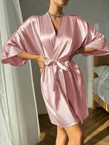 1pc Women's Solid Color Elegant Tie-Up Autumn/Winter Bathrobe, Sexy Short Satin Silk Soft Sleepwear, Suitable For Bride, Bridesmaid, Home Use Back To School - 粉色 - 查看 10
