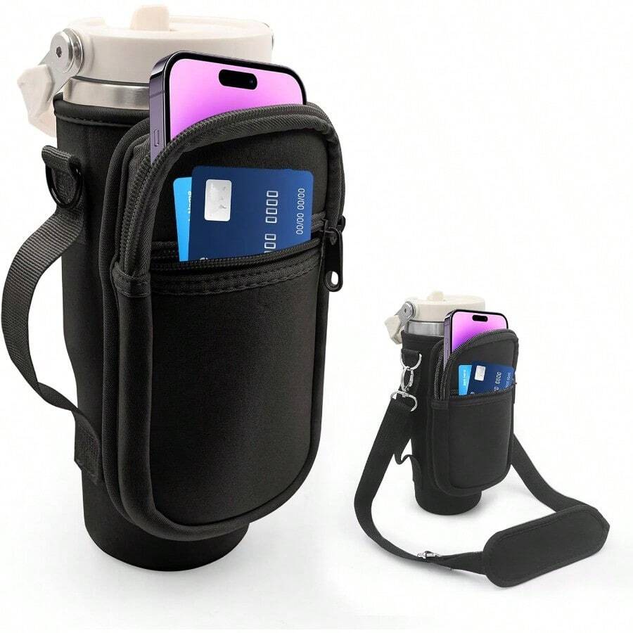 XZGB For  Iceflow Flip Straw Tumbler 30 Oz Water Bottle Cup Holder Cover Carrier Sling Bag With Strap Pouch Pocket For Phone/ Accessories Add Handle For  Flip Straw Neoprene Black - 黑色 - 查看 1