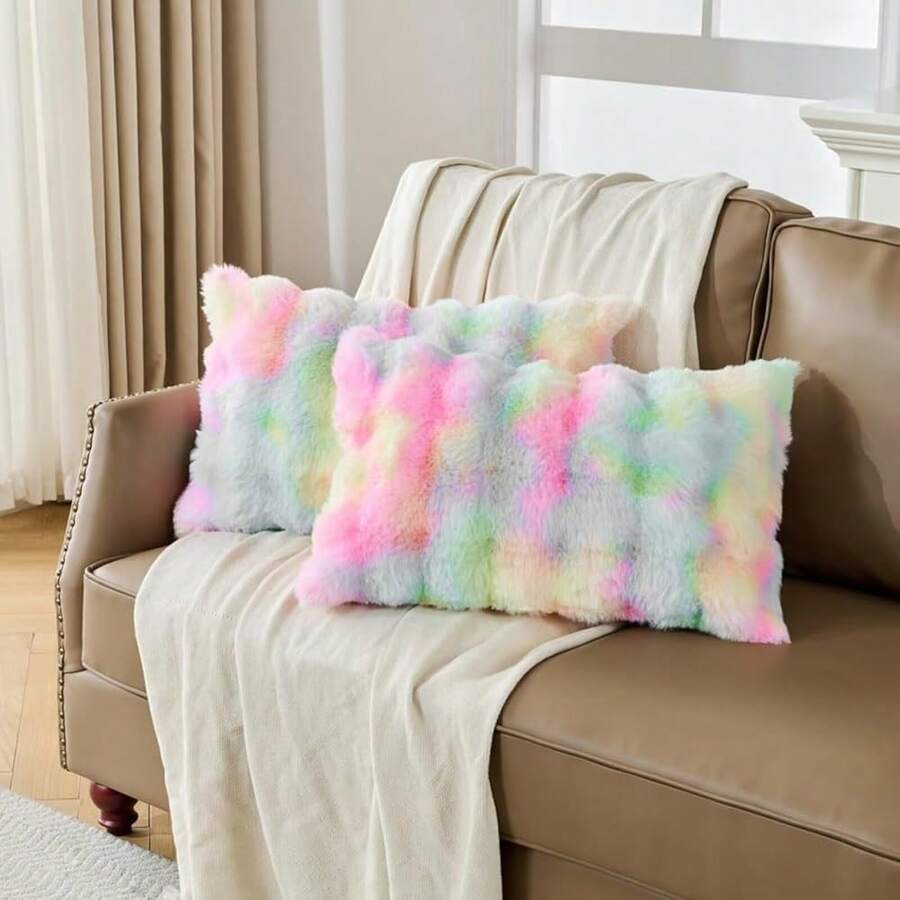 Set Of 2 Rainbow Faux Fur Fluffy Throw Pillow Cases, Pl 11ush Rabbit Fur Cushion Covers,Tie Dye Velvet Fuzzy Decorative Pillow Covers For Bed Couch 12x20 Inch Pillowcases,20inchx12inch(Packof2),Rainbow - Rainbow - 查看 1