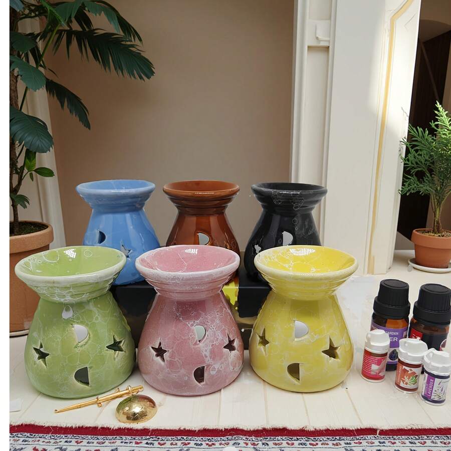 1 Pc Ceramic Star And Moon Shape Aromatherapy Essential Oil Burner, Romantic Bedroom Home Use Ceramic Fragrance Lamp - Multicolor - View 1