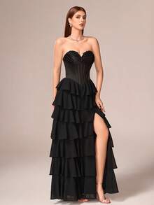 VIPGIRL 奢华优雅女士黑色雪纺无肩带礼服，多层裙摆，长款正式晚礼服 - 黑色 - 查看 8