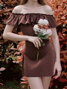 Women's Off Shoulder Dress Ruffle Sleeveless Dots Print Slim Fit Mini Dress For Party Club Dating - Dark Brown - View 2