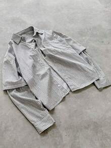 Men's Short Striped Casual Shirt, Fashionable Collared 2 In 1 Long Sleeve Button-Up - Light Grey - View 1