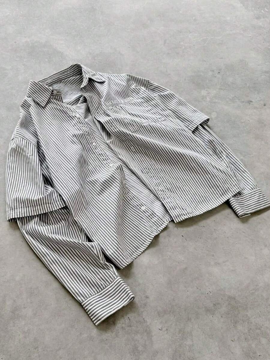Men's Short Striped Casual Shirt, Fashionable Collared 2 In 1 Long Sleeve Button-Up - Light Grey - View 1