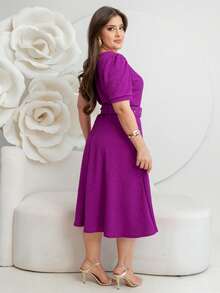 Vestido Moda Evangélica Jacquard com Relevo Saia Rodada Godê Manga Curta com Cinto - Novo Modelo - Roxo - Visão 3