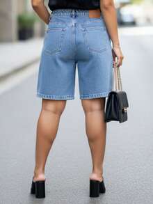Women's High-Waisted Denim Shorts With Pocket, Butt-Lifting Style, 100% Cotton, Simple Denim, Button, Zipper, Pocket, Home, Daily, Beach - 中等大理石紋 - 查看 3