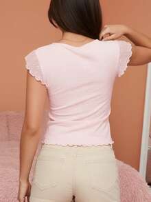 Women's Solid Color Cropped Square Neck Top With Bow Tie, Ruffle Cuffs, Flared Hem, And Slim Fit, Y2K Cute Style And French Elegant Style, Simple Versatile Design, Perfect For Everyday Outings, Street Style Photos, City Walks, Cafe Dates, Concerts, And Valentine's Day Outfits - 粉色 - 查看 5