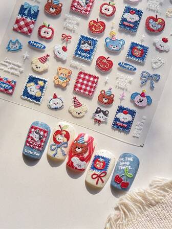 1pc Cute Cartoon Graffiti Nail Stickers Nail Art Accessories Anime Bear Puppy Cat Bow 5D Adhesive Nail Decoration Stickers