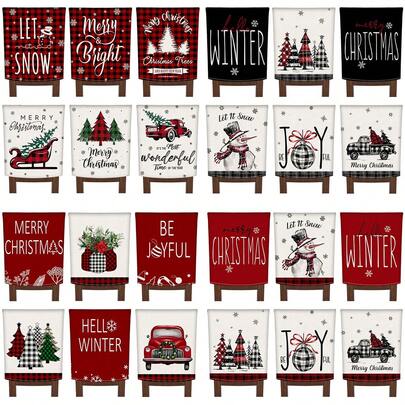 6PCS Christmas Decorative Chair Covers, Red And Black Christmas Tree, Snowman, And Truck Floral Patterns, For Decorating The Kitchen, Dining Room, Wedding, Living Room, And Bedroom.