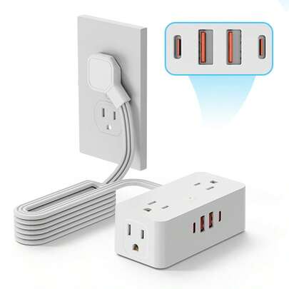 Glückluz Regleta Multicontacto con 4 Puertos USB(2 Tipo C), Conector Múltiple con 3 M Plana Electrica Extensión, Enchufe Múltiple Extensión con Protector de Sobretensión, Ideal para el Hogar, Oficina