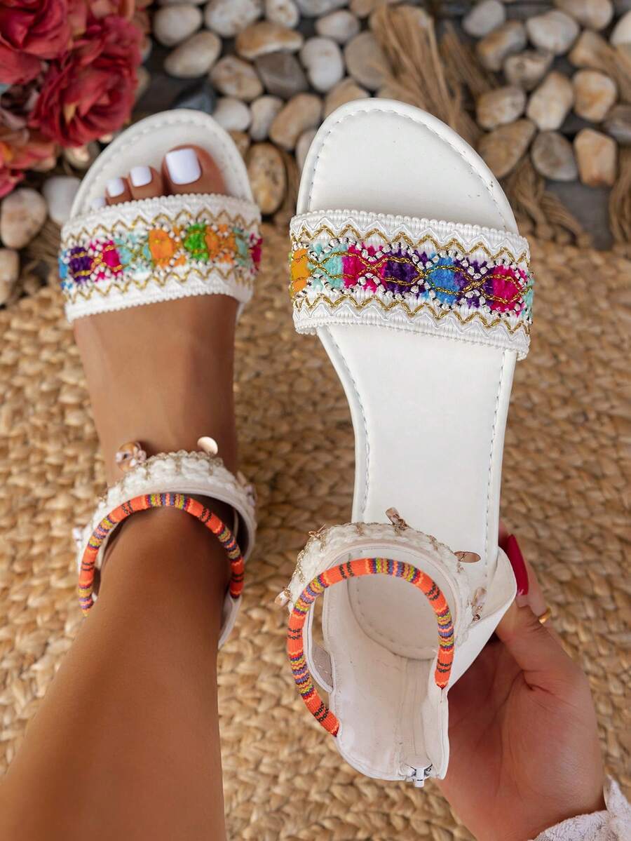 Women's Gladiator Flat Sandals With Stackable Ankle Strap And Toe Ring Design, True To Size - White - View 1