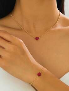 简约优雅喷绘红色心形吊坠项链手链套装，日常及节日送礼佳品 - 紅色 - 查看 1